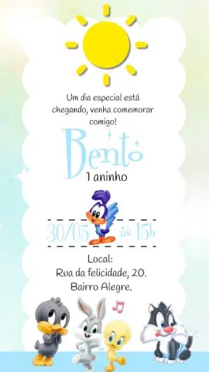 Convite Animado Aniversário Baby Looney Tunes para Editar