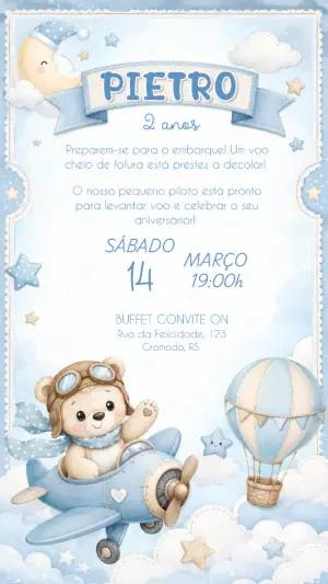 Convite de Aniversário Ursinho Aviador Editável para Menino