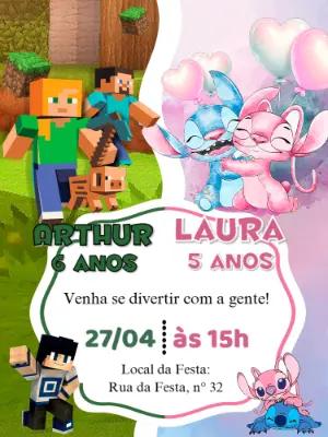 Convite Aniversário Duplo Minecraft e Stitch para Editar Online