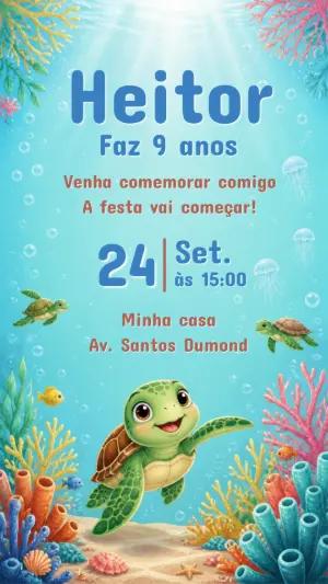 Convite de Aniversário Fundo do Mar com Tartaruga Editável