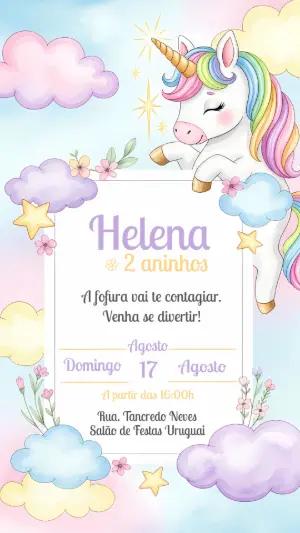 Convite de Aniversário Unicórnio Fofo para Editar Online
