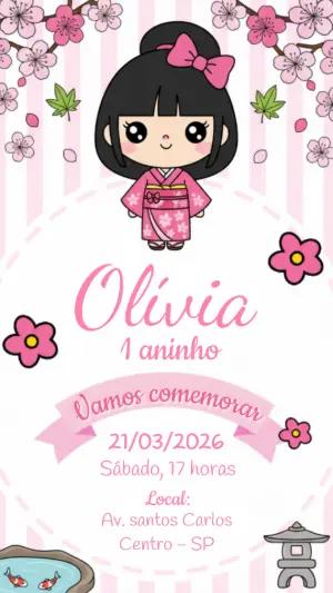 Convite de Aniversário Japonês Kokeshi Rosa para Editar