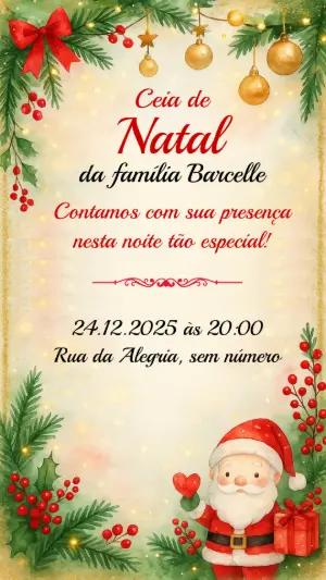 Convite para Ceia de Natal Aquarela com Papai Noel Editável