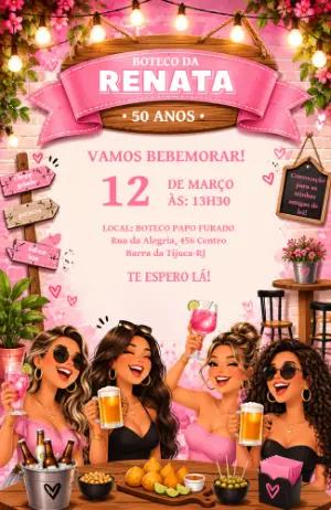Convite de Aniversário Boteco Feminino Rosa para Editar