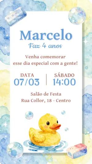 Convite Digital Aniversário Tema Patinho Aquarela para Editar