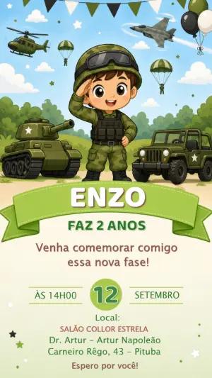 Convite de Aniversário Exército: Modelo Digital para Menino