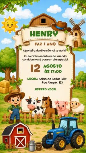 Convite de Aniversário Fazendinha Editável
