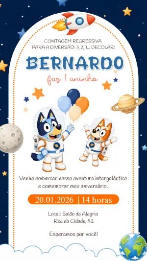 Convite de Aniversário Bluey no Espaço para Editar Online