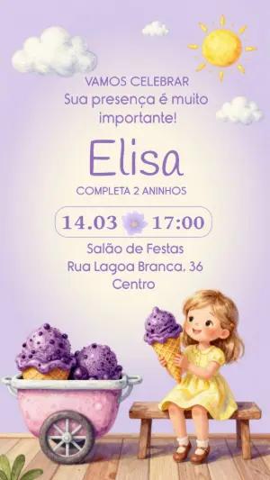 Convite de Aniversário Infantil Sorvete Lilás Modelo Editável