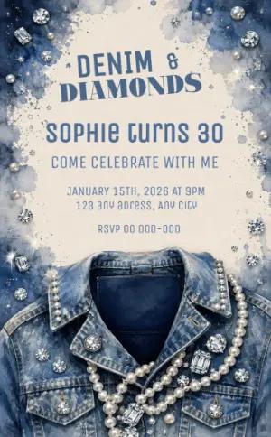 Editable Denim and Diamonds Birthday Invitation