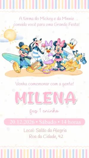 Convite Aniversário Turma do Mickey Praia Editável