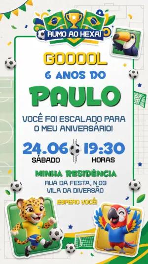 Convite de Aniversário Futebol Brasil com Mascotes Editável