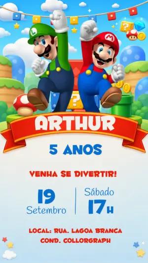 Convite de Aniversário Super Mario Bros e Luigi Editável