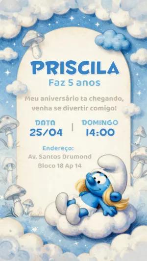 Convite de Aniversário Smurfette nas Nuvens Modelo Editável
