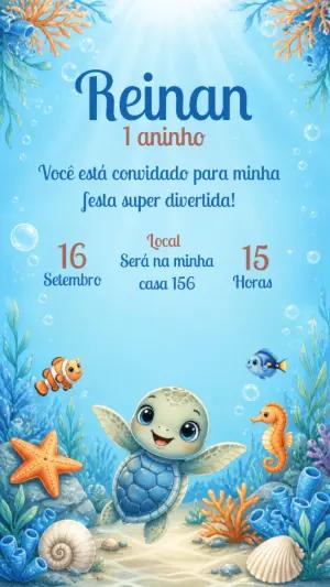 Convite Aniversário Fundo do Mar Tartaruga Bebê Editável