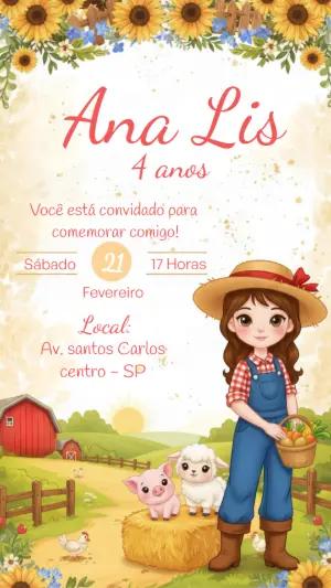 Convite de Aniversário Fazendinha Menina Editável com Girassóis
