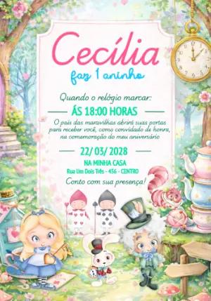 Convite de Aniversário Alice no País das Maravilhas Editável