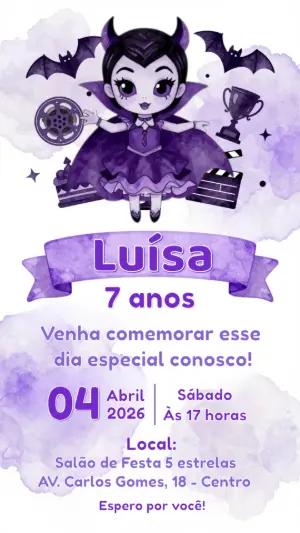 Convite de Aniversário Vampira e Cinema Roxo para Editar