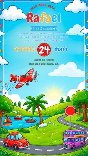 Convite de Aniversário Infantil Transportes Colorido para Editar