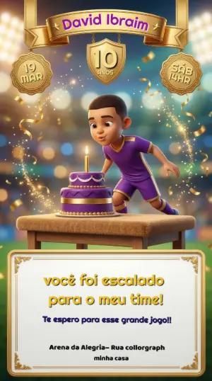 Convite de Aniversário Infantil Futebol 3D Roxo para Editar