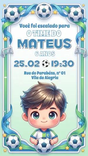 Convite de Aniversário Futebol Infantil Editável com Menino