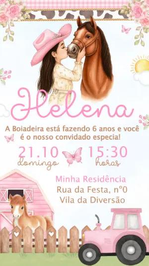 Convite de Aniversário Fazendinha Rosa Boiadeira para Editar