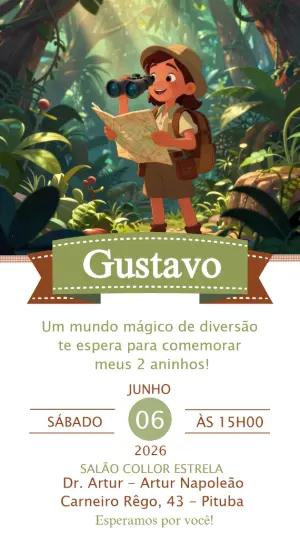 Convite de Aniversário Infantil Explorador da Selva Editável