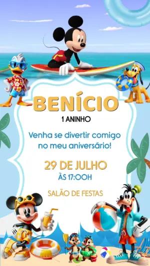 Convite Animado Aniversário Mickey na Praia para Editar Online