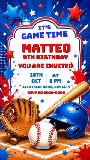 Game Time Baseball Birthday Party Editable Invitation