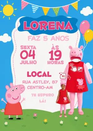 Vire a Peppa Pig: Convite de Aniversário com Foto IA Editável