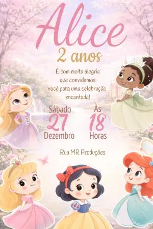 Convite Digital Aniversário Princesas Encantadas Editável