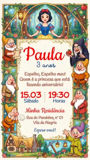 Convite Digital Infantil Branca de Neve para Editar Online
