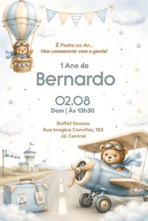 Convite Editável Aniversário Ursinho Aviador Aquarela