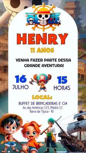 Convite de Aniversário One Piece com Personagens para Editar