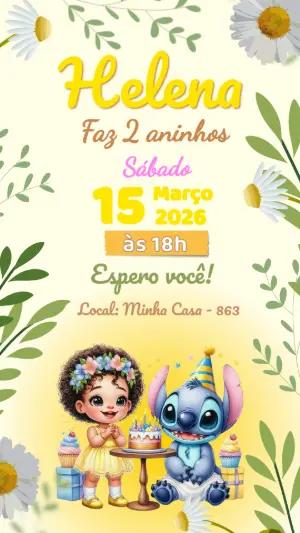 Convite de Aniversário Stitch e Menina Floral Editável
