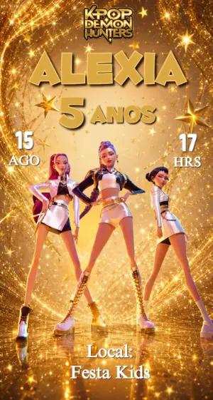 Convite de Aniversário K-pop Guerreiras Dourado Editável