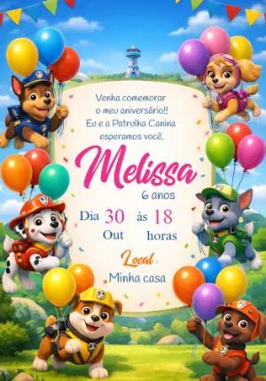 Convite de Aniversário Patrulha Canina Colorido para Editar