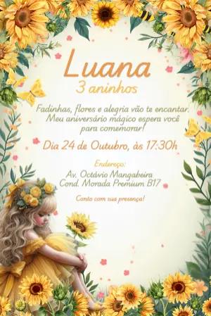Convite Aniversário Jardim Girassol e Fada para Editar Online