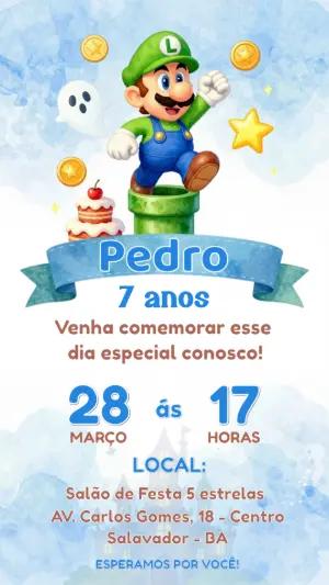 Convite de Aniversário Infantil Luigi Super Mario Editável