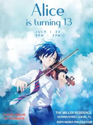 Anime Violinist Birthday Invitation - Editable Template