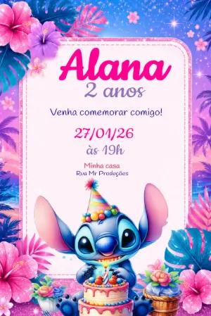 Convite de Aniversário Stitch Tropical Rosa Editável