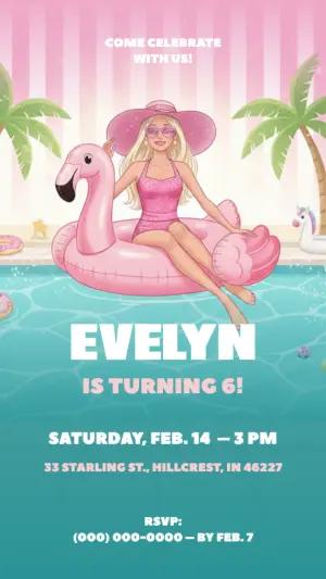 Editable Doll Pool Party Birthday Invitation for Girls