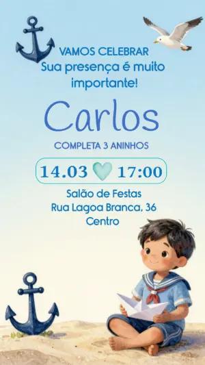 Convite de Aniversário Náutico Aquarela para Editar e Enviar
