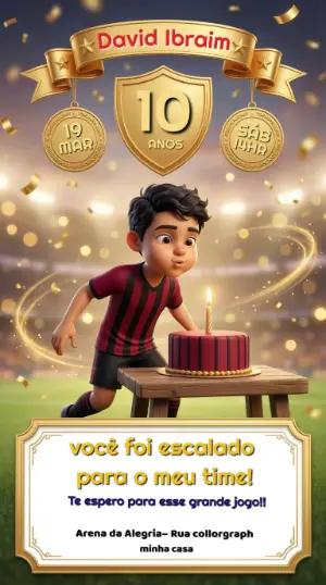 Convite Digital Infantil Futebol Dourado Modelo Editável