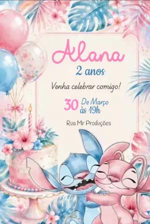 Convite Animado Aniversário Stitch e Angel Aquarela para Editar