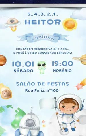 Convite de Aniversário Infantil Astronauta para Editar Online