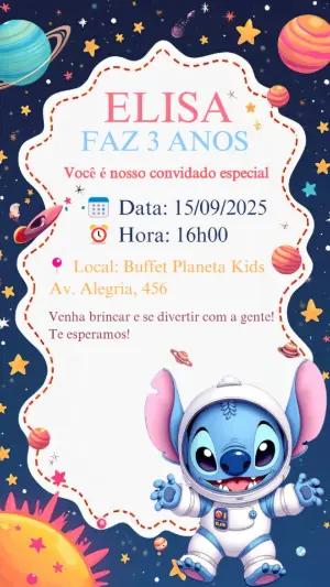 Convite Aniversário Stitch Astronauta para Editar Online