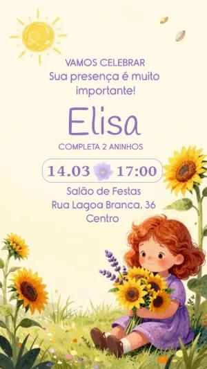 Convite de Aniversário Girassol Menina Aquarela Editável