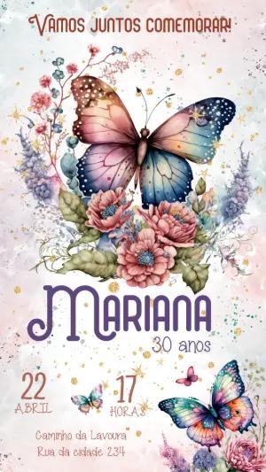 Convite de Aniversário Borboletas Aquarela para Editar