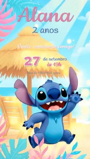 Convite Animado Stitch Tropical para Aniversário Infantil Editável